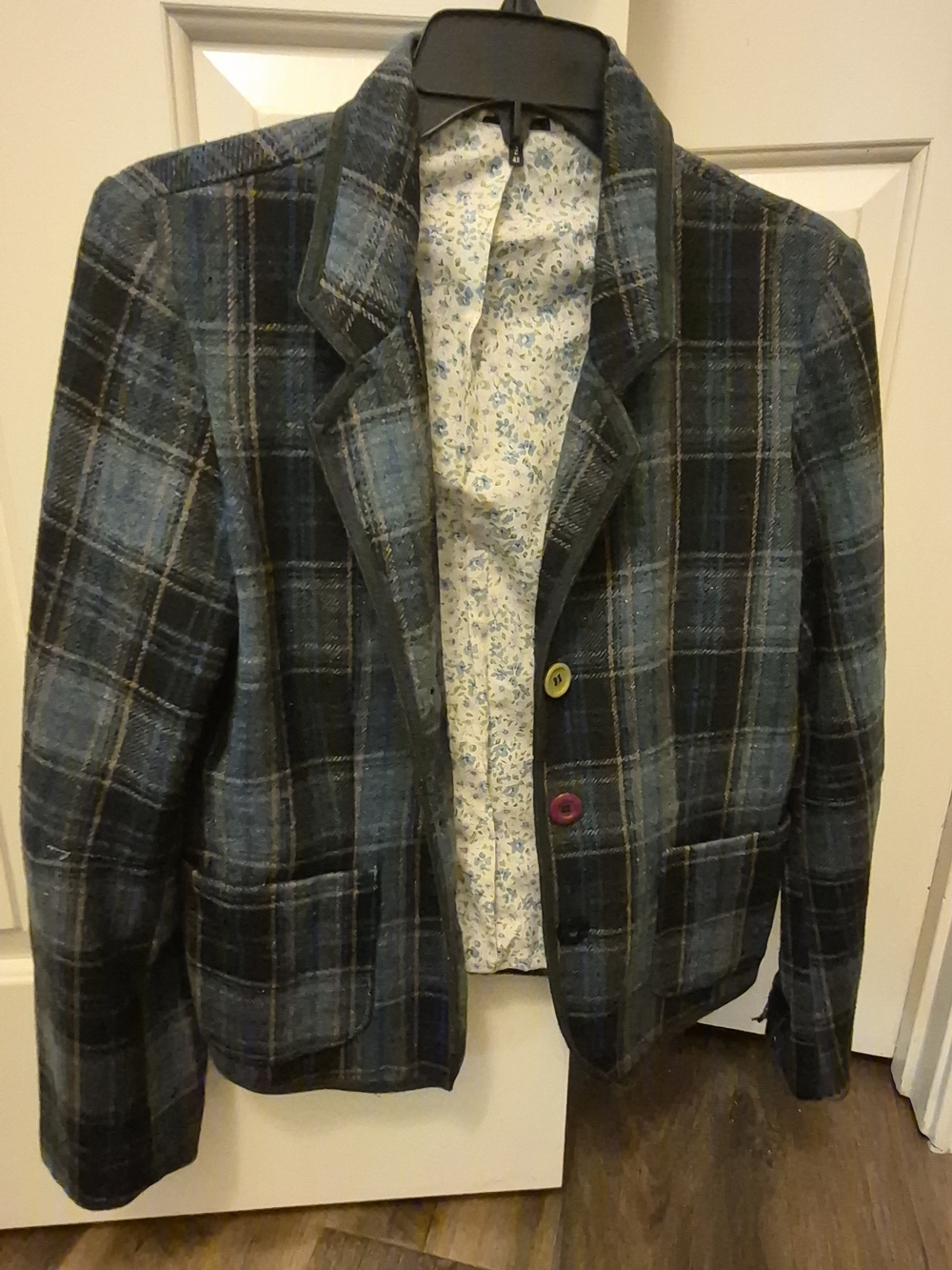 NAF NAF Blue & Black Plaid Blazer with Colorful Buttons